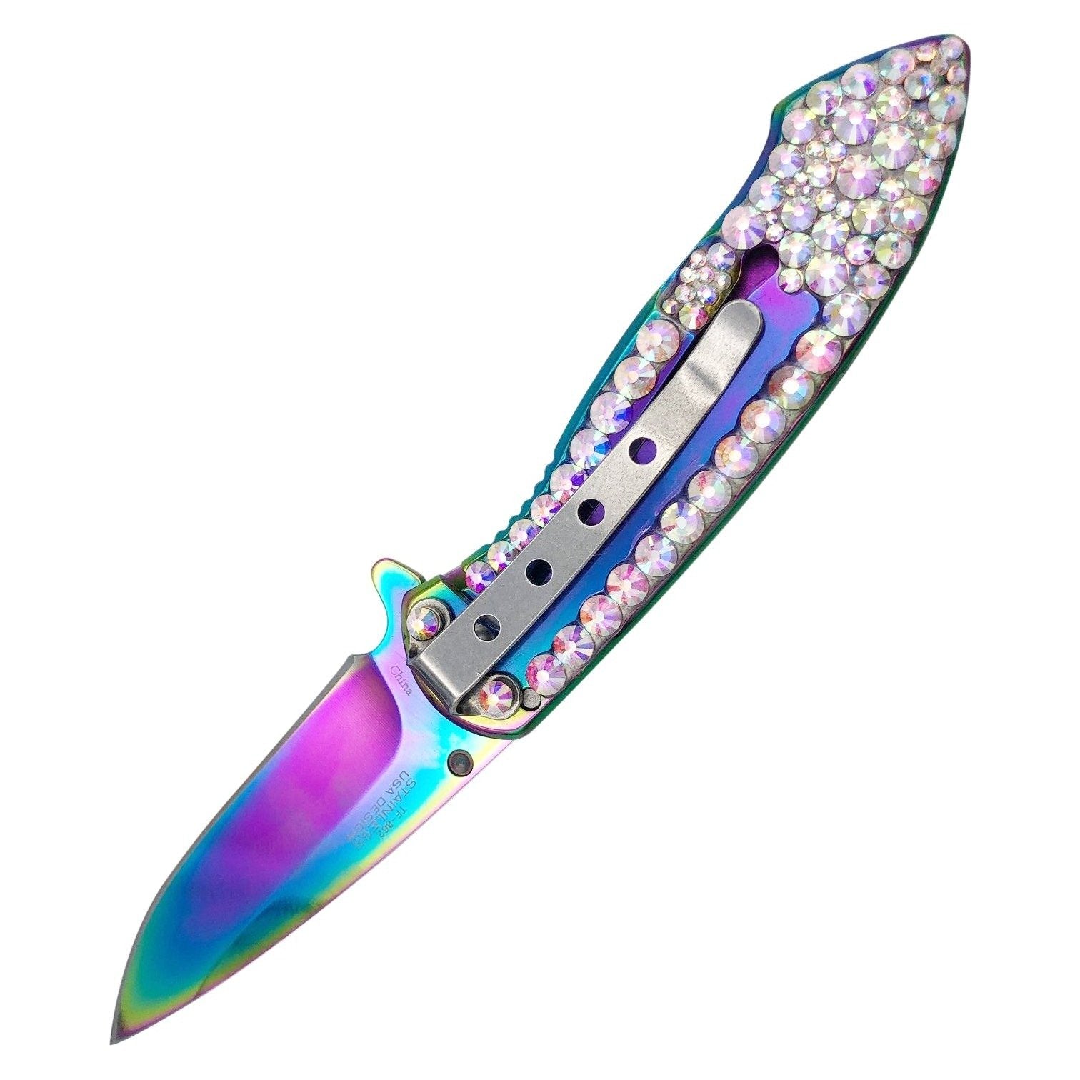 Swarovski Crystal Rainbow Pocket Knife - Blades For Babes Spring Assisted