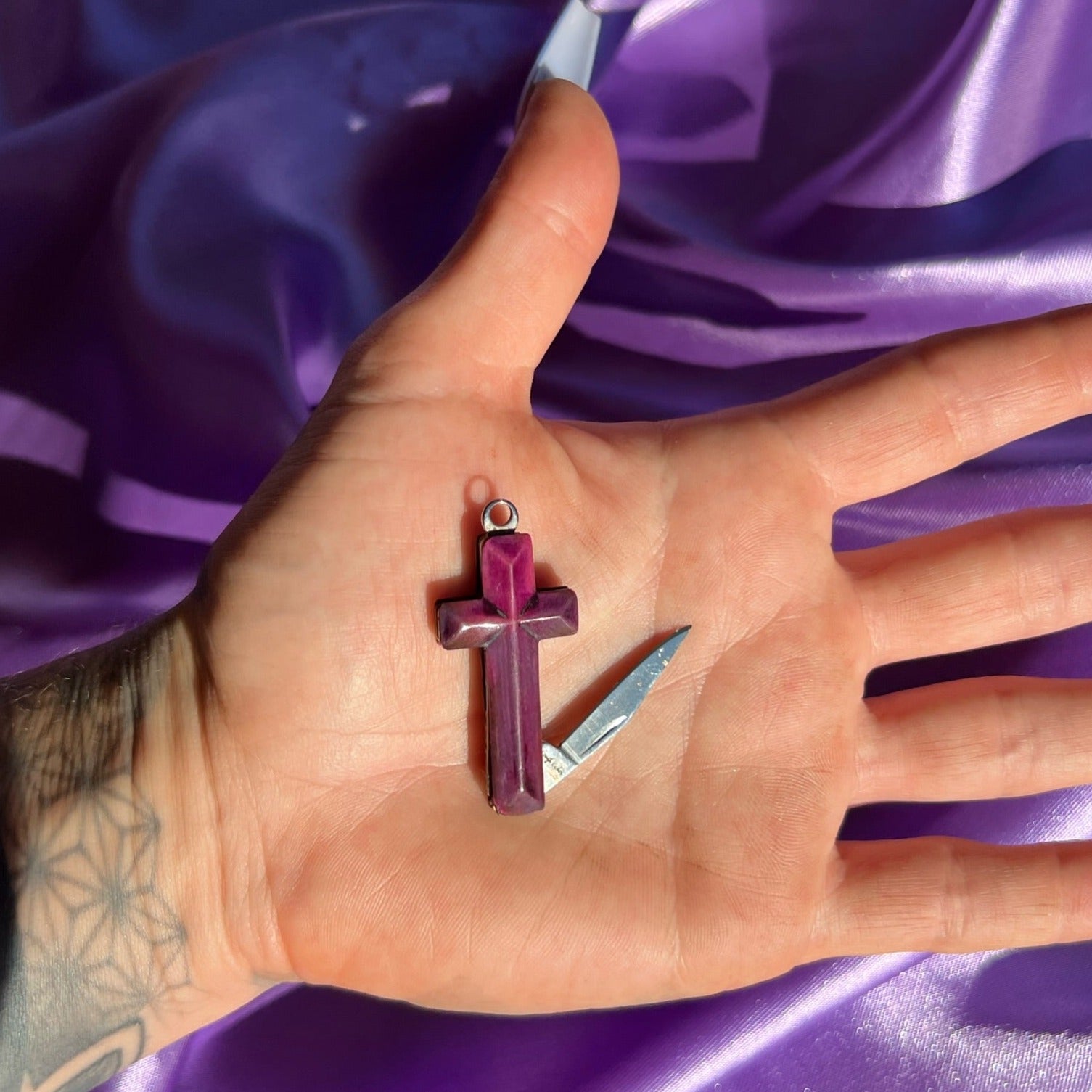 Purple & Black Pendant Cross Necklace - Blades For Babes - Folding Blade - 2