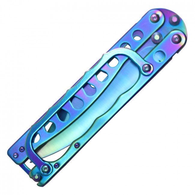 THIRD BUTTERFLY KNIFE RAINBOW BLUE PATTERN BLADE 11CM - Wicked Store